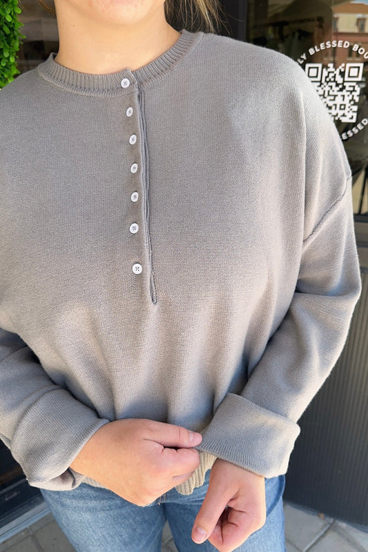 Henley Button-up Sweater - Grey