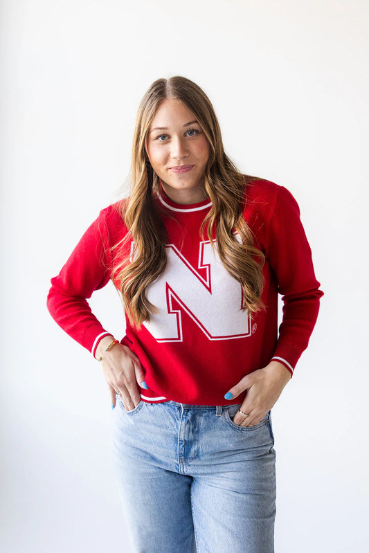 Nebraska Wicks Woven Striped Detail Sweater