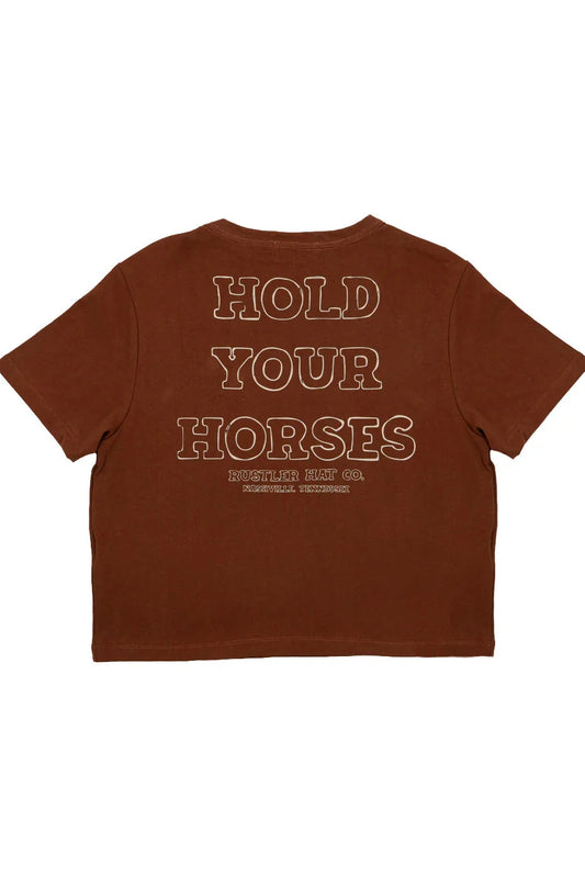 Brown t-shirt with 'Hold Your Horses' text on a white background