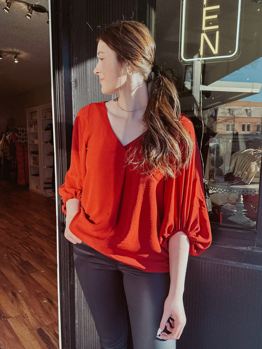 Red V-Neck Blouse Top