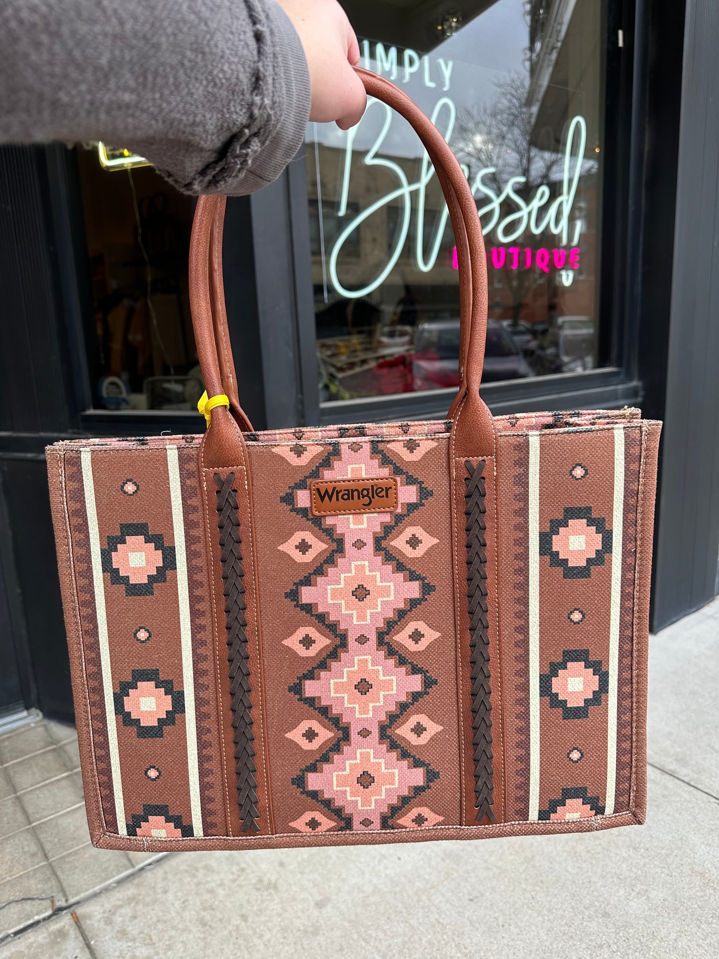 Wrangler Southwestern Pattern Dual Sided Print Canvas Wide Tote - Dark Brown