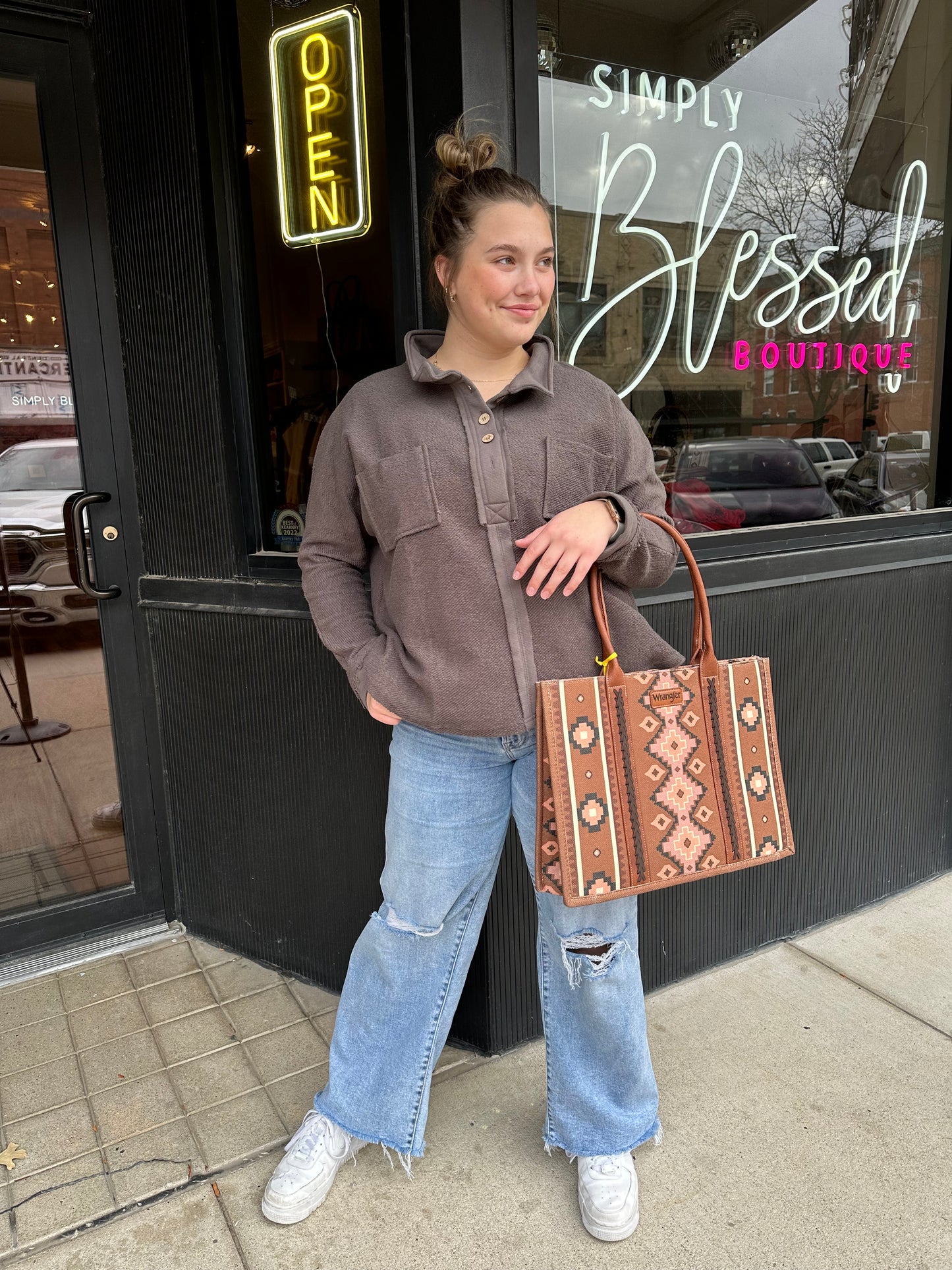 Wrangler Southwestern Pattern Dual Sided Print Canvas Wide Tote - Dark Brown