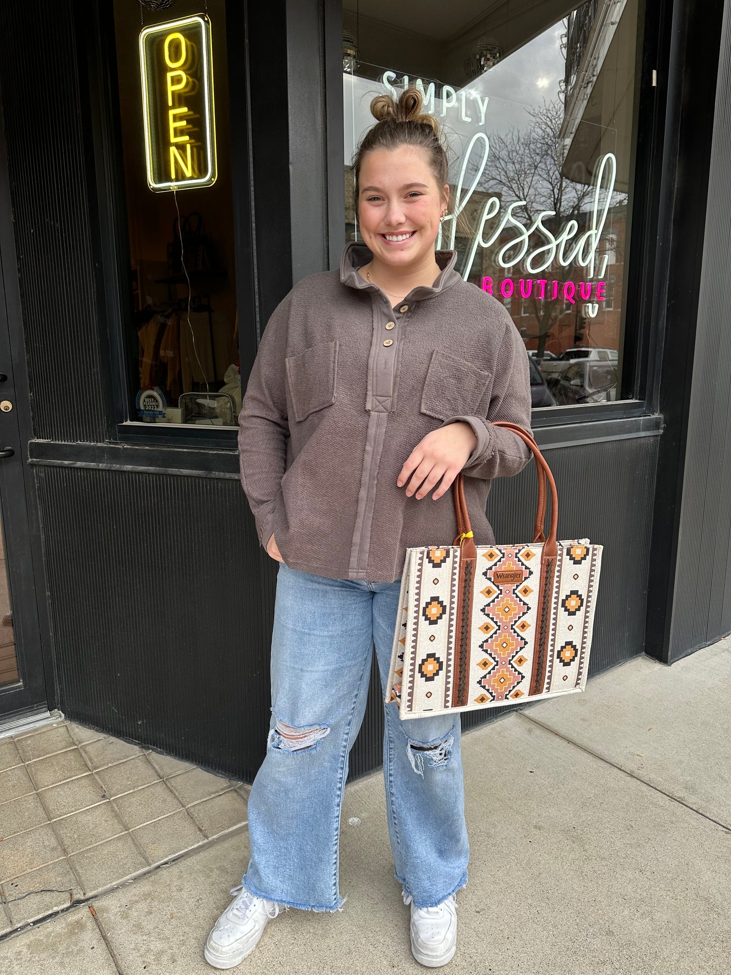 Pre-Order Wrangler Southwestern Pattern Dual Sided Print Canvas Wide Tote - Cream