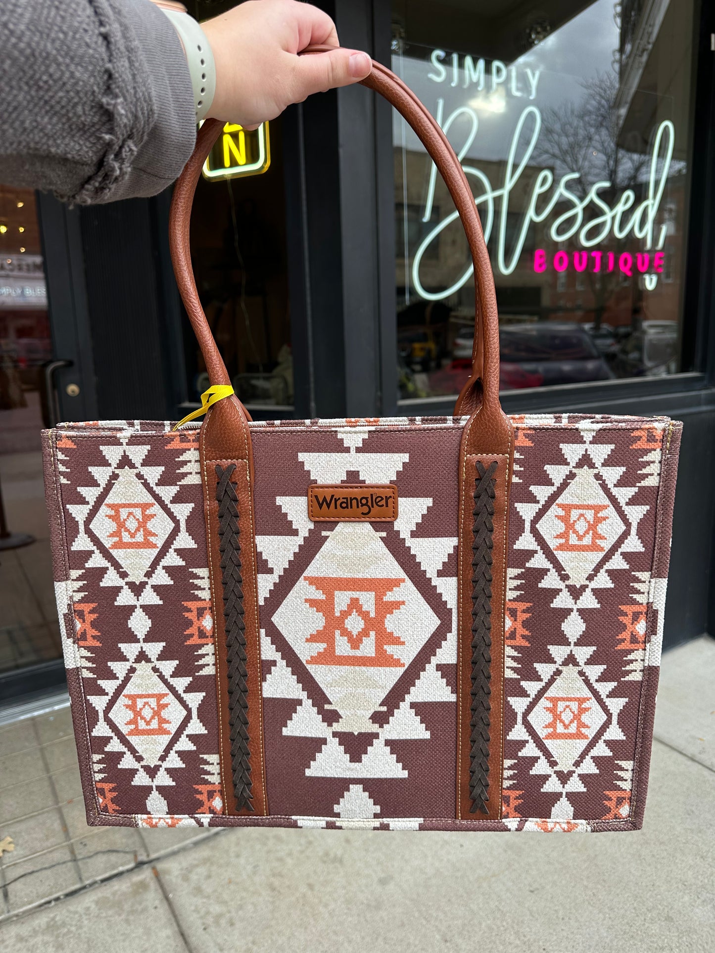 Wrangler Southwestern Pattern Dual Sided Print Canvas Wide Tote - Coffee