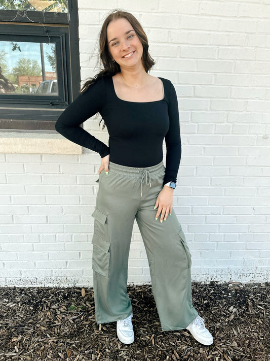 High Waisted Knitted Cargo Pants - Green