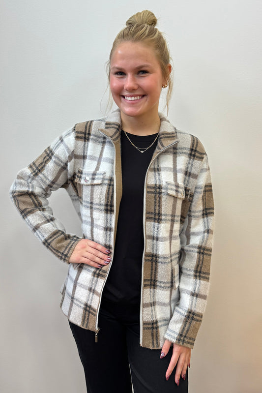Sasha Plaid Sweater Jacket - Tan