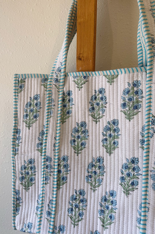 Baby Blue Floral Quilted Tote Bag