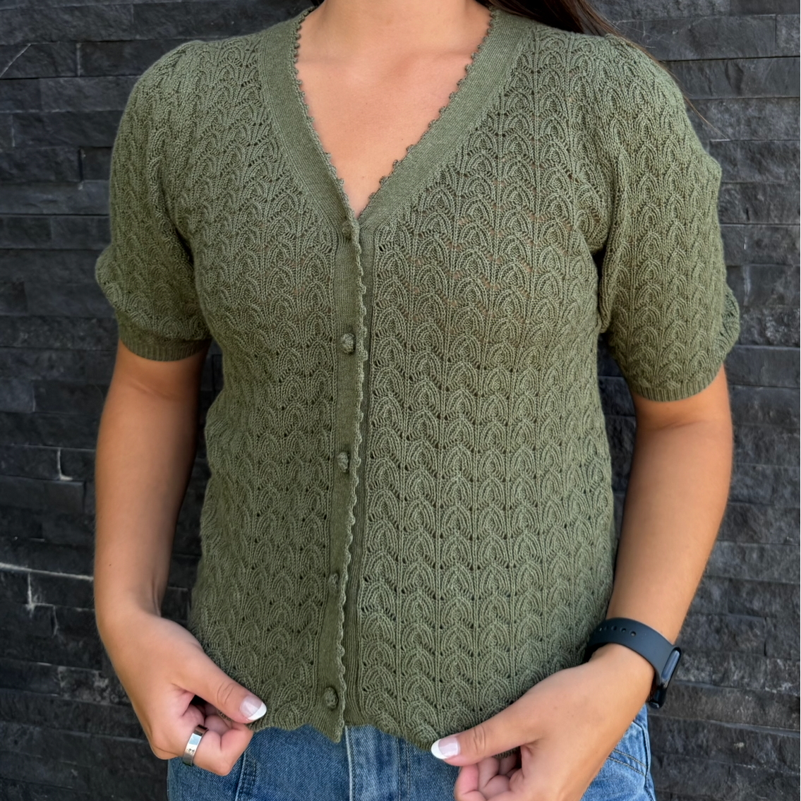 Olive Short Sleeve Scalloped Cardigan