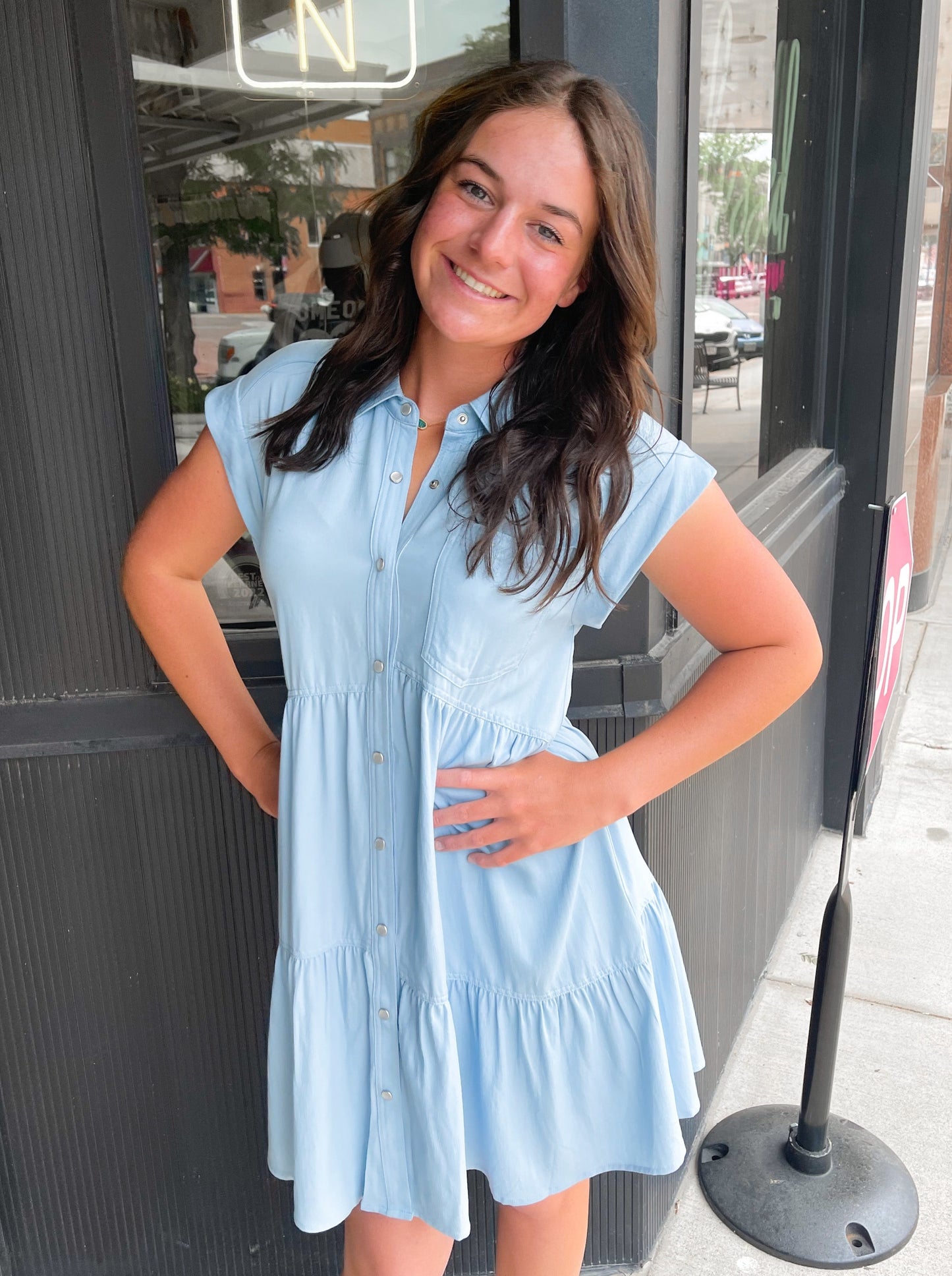 Denim Ruffle Tier Shirt Dress