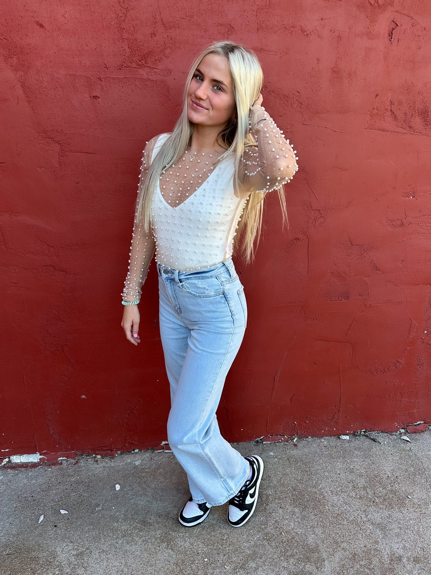 Pearl Embellished Long Sleeve Mesh Top