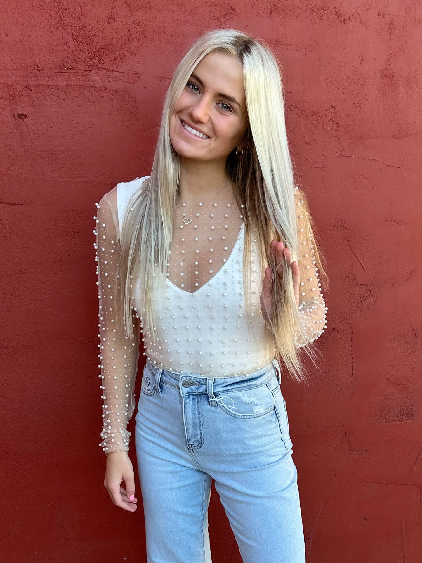 Pearl Embellished Long Sleeve Mesh Top