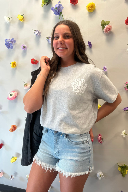 Our World Needs Jesus Heather Grey Graphic Tee