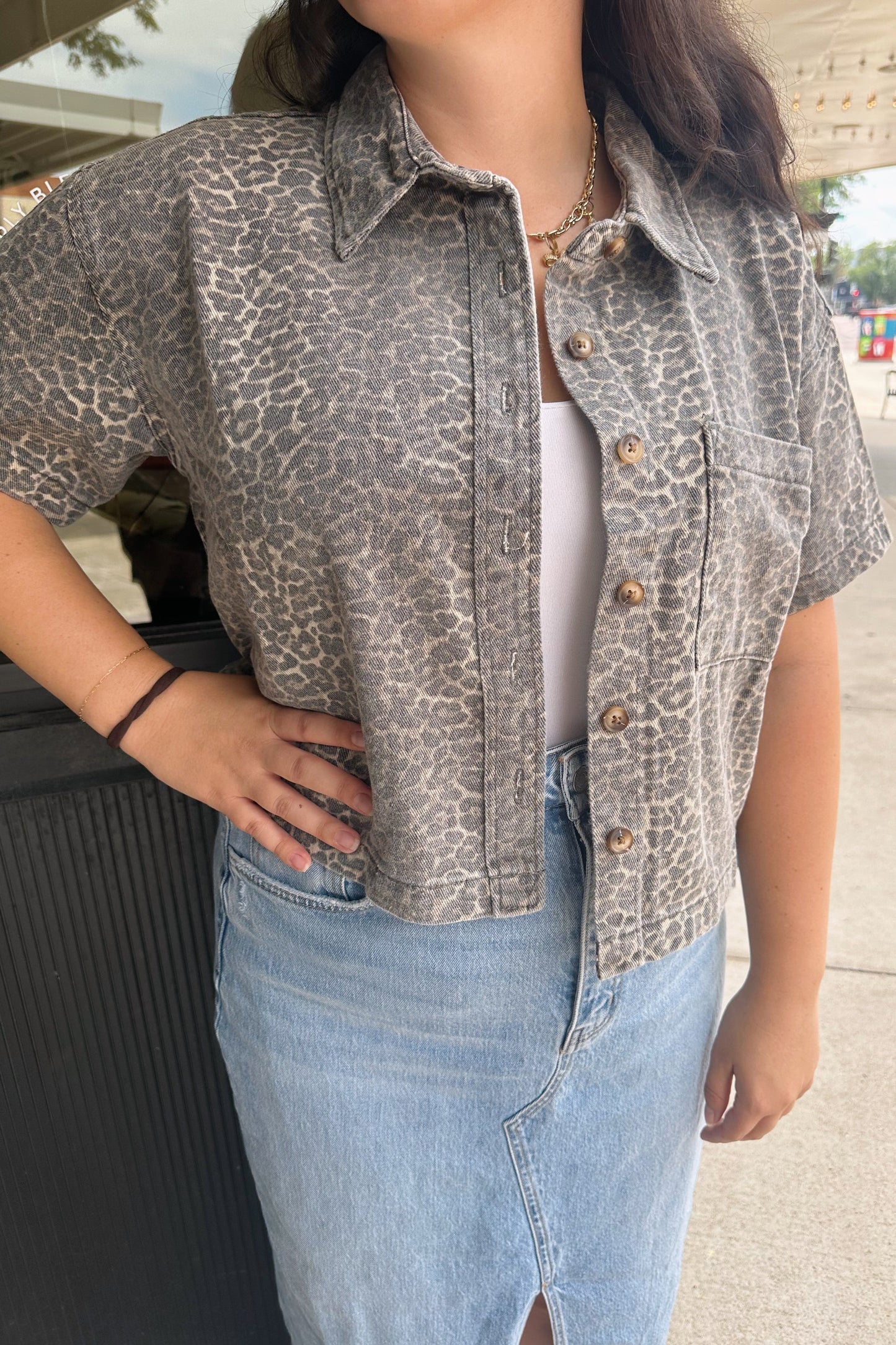 Leopard Denim Button-Up Top