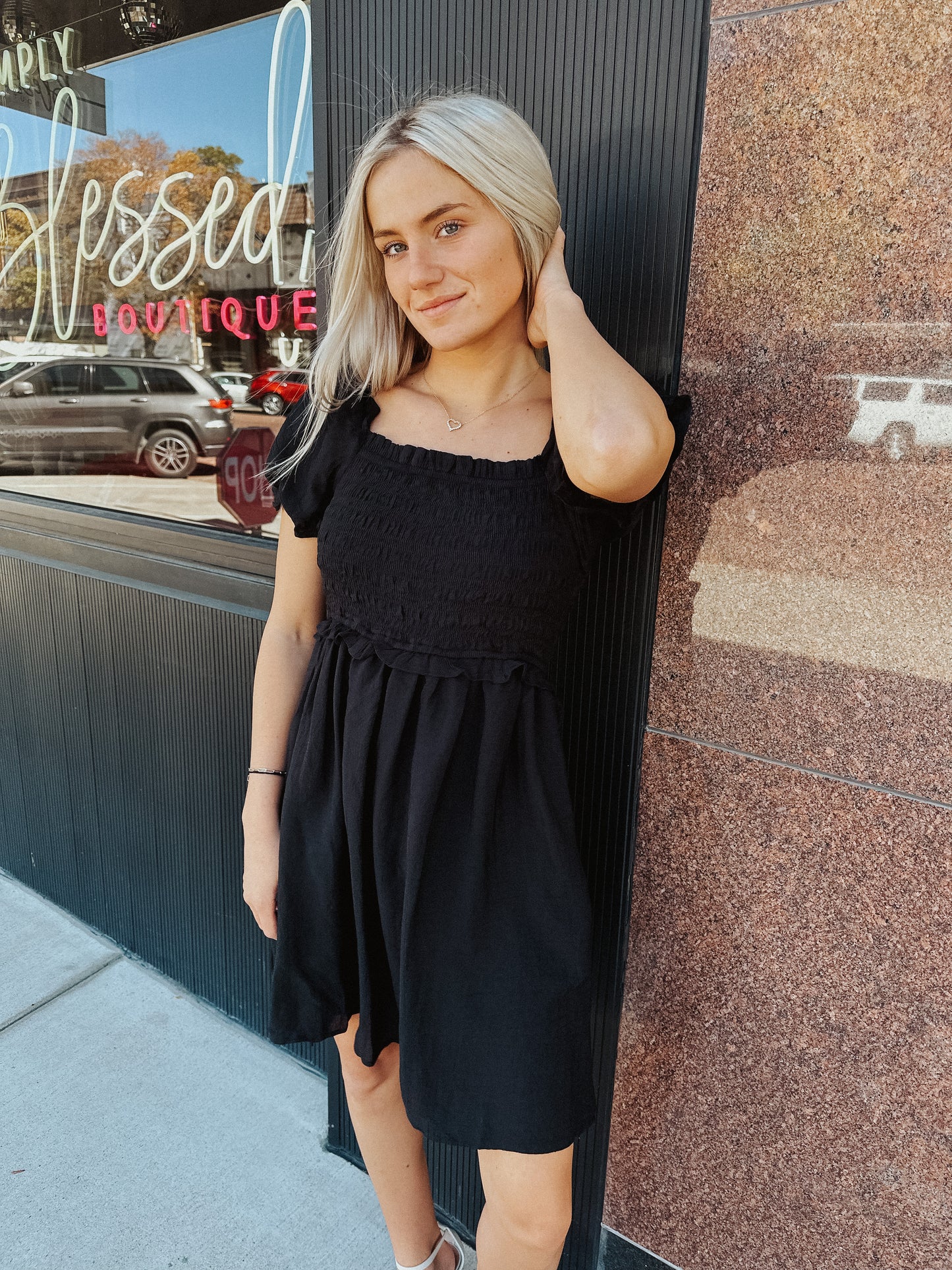 Smocked Ruffle Sleeve Dress - Black