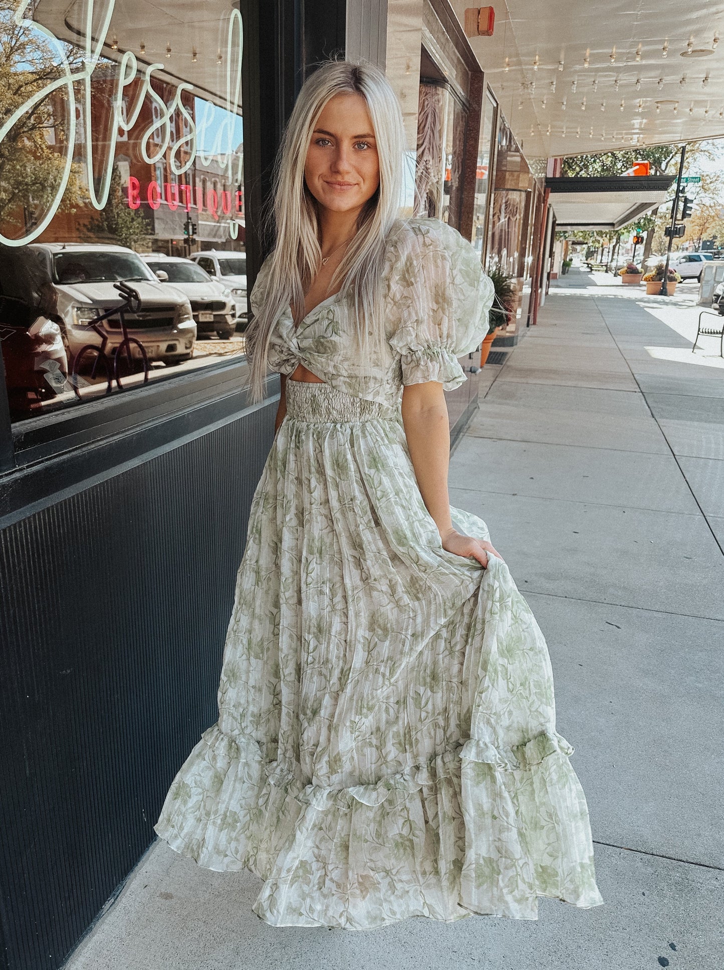 Sage Floral Print Twist Midi Dress