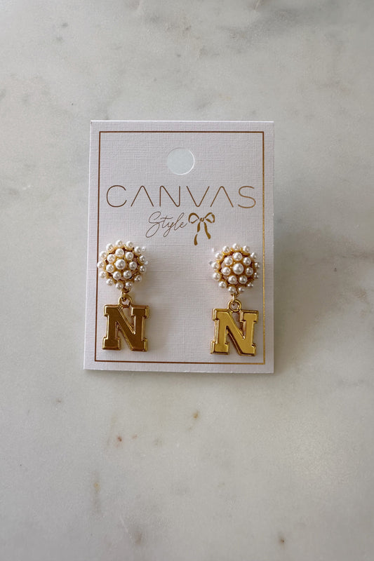 Nebraska Cornhuskers Pearl Cluster 24K Gold Plated Earrings