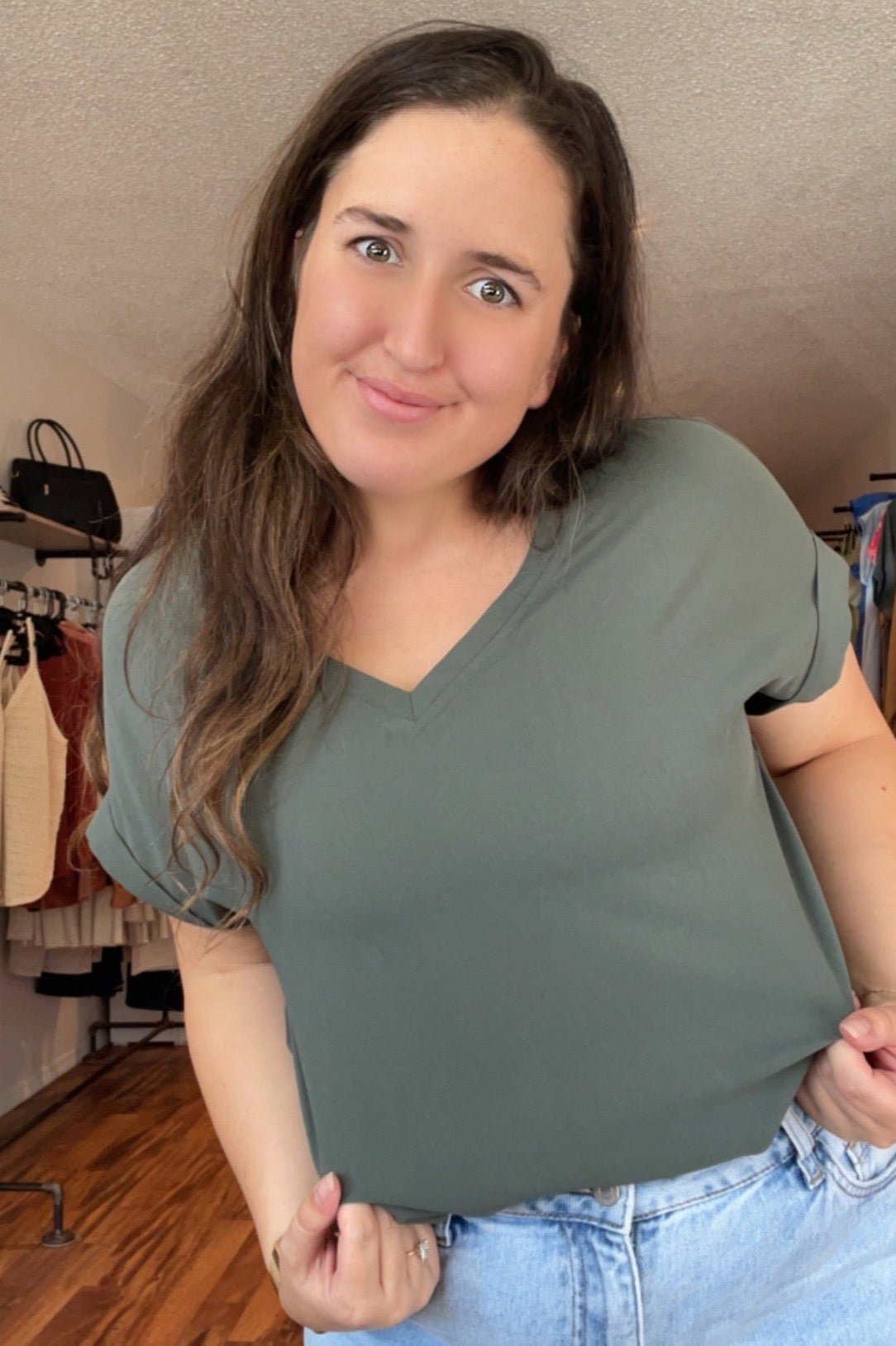 Green Basic V-Neck Top