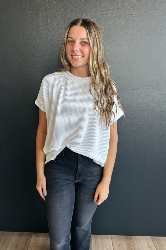 Ribbed Short Sleeve Top - White