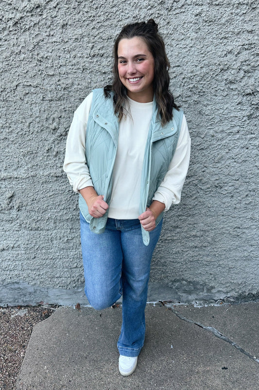 Quilted Button Up Vest - Sage