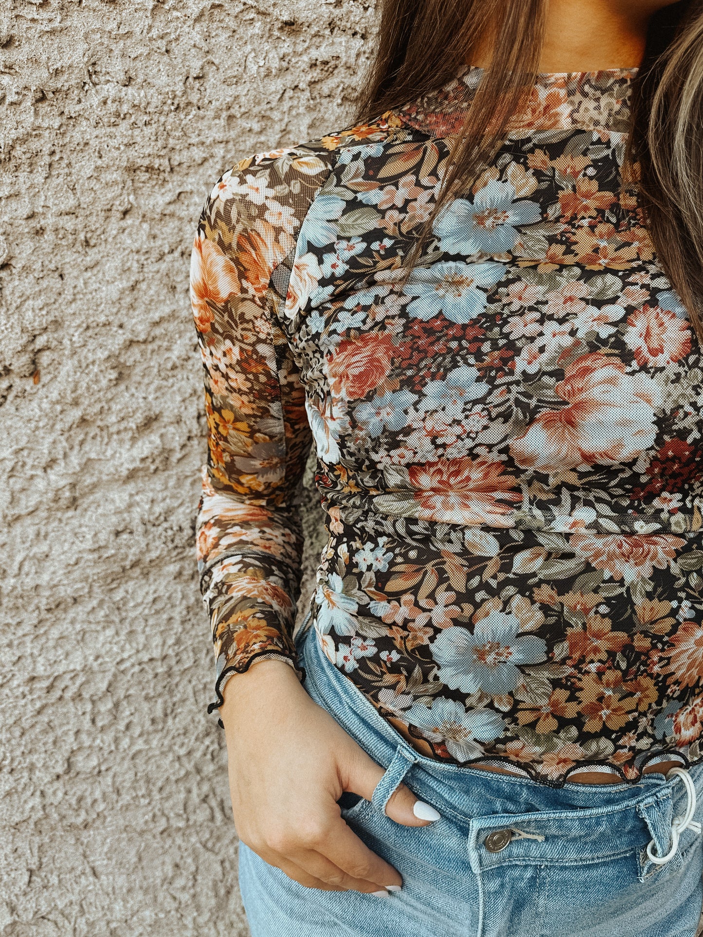 Floral Semi-Sheer Mesh Long Sleeve Knit Top