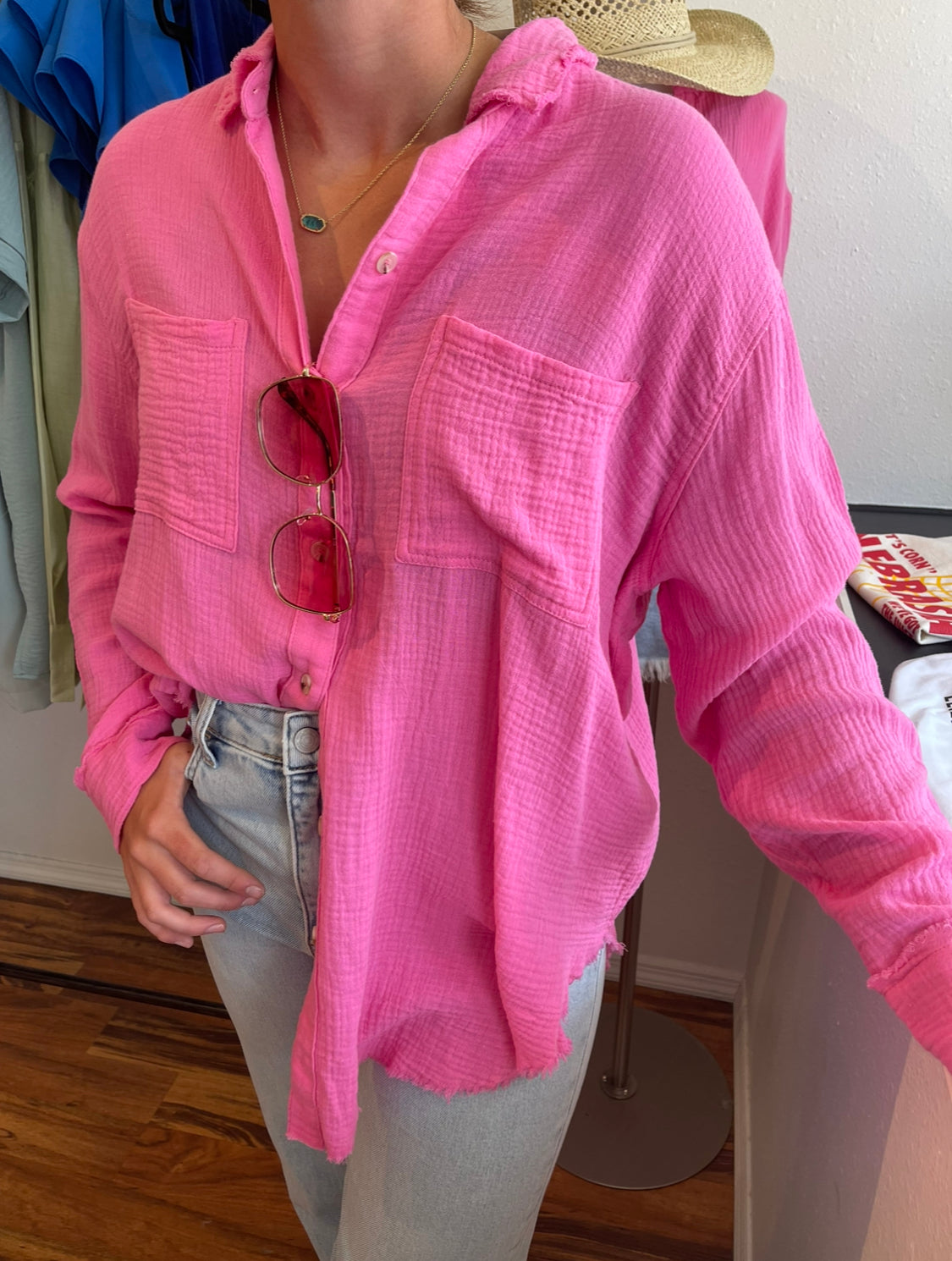 Lightweight Button Up Top - Pink