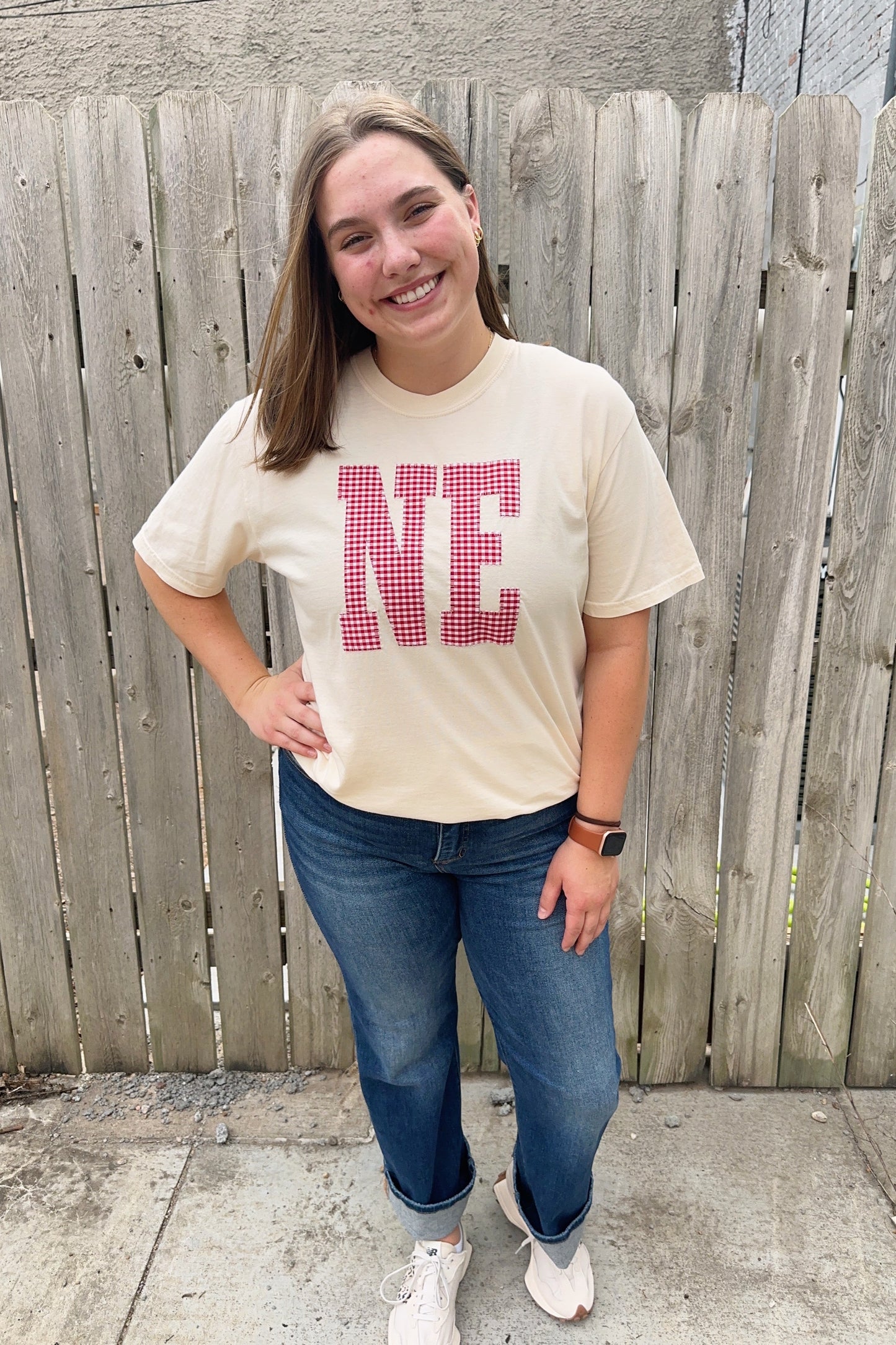 Gingham NE Applique Ivory Graphic Tee