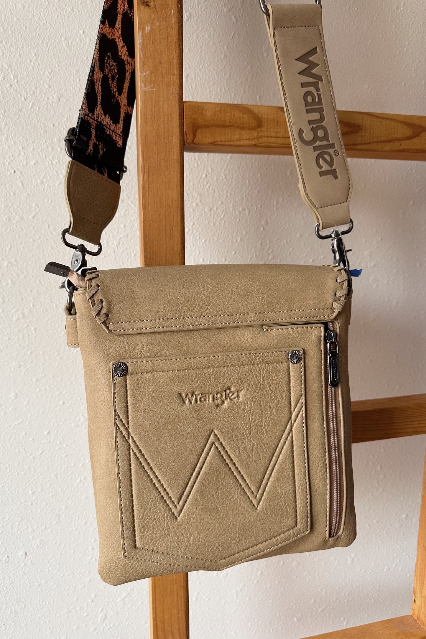Wrangler Whipstitch Leopard Print Crossbody - Taupe