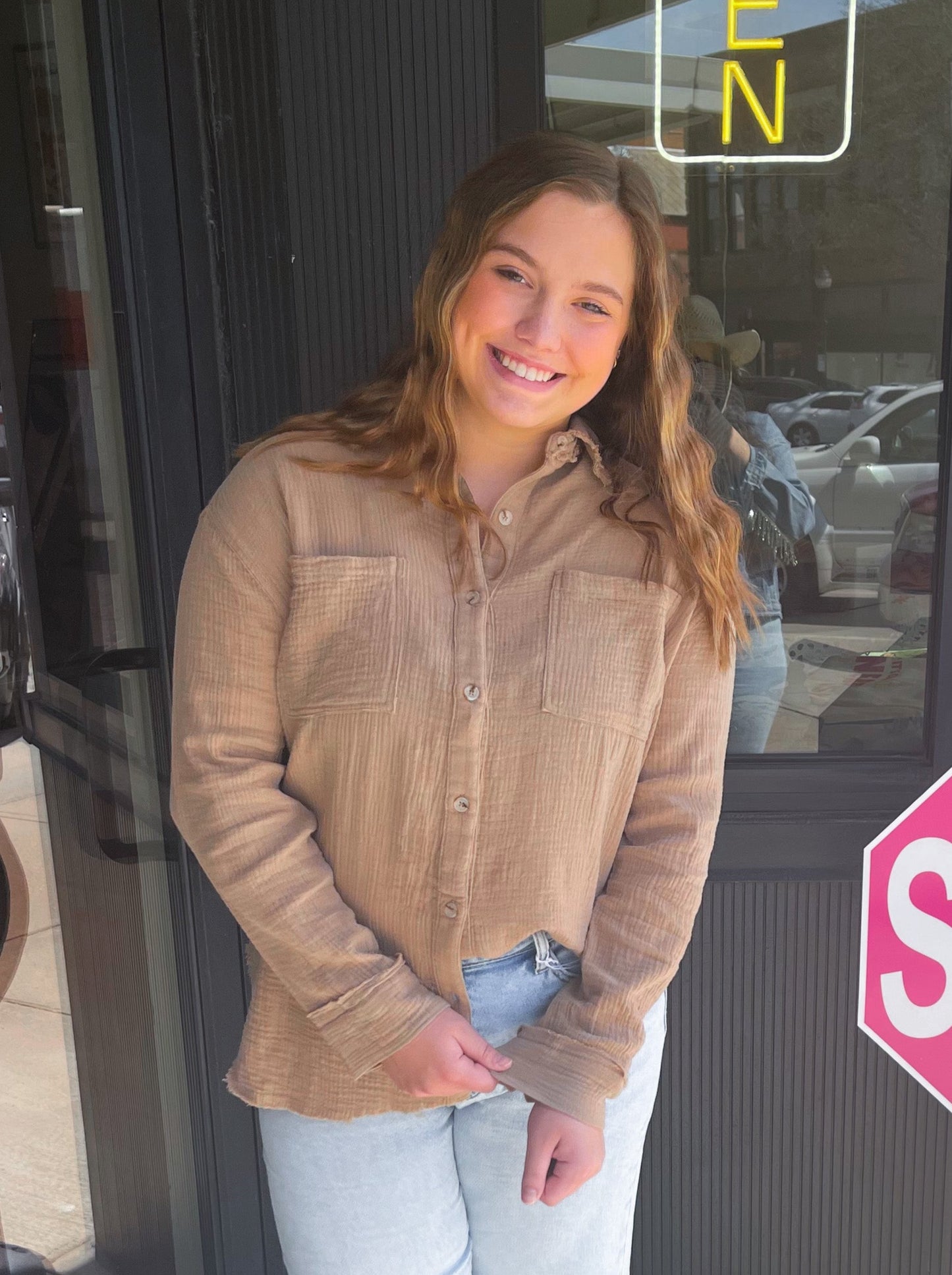 Lightweight Button Up Top - Khaki