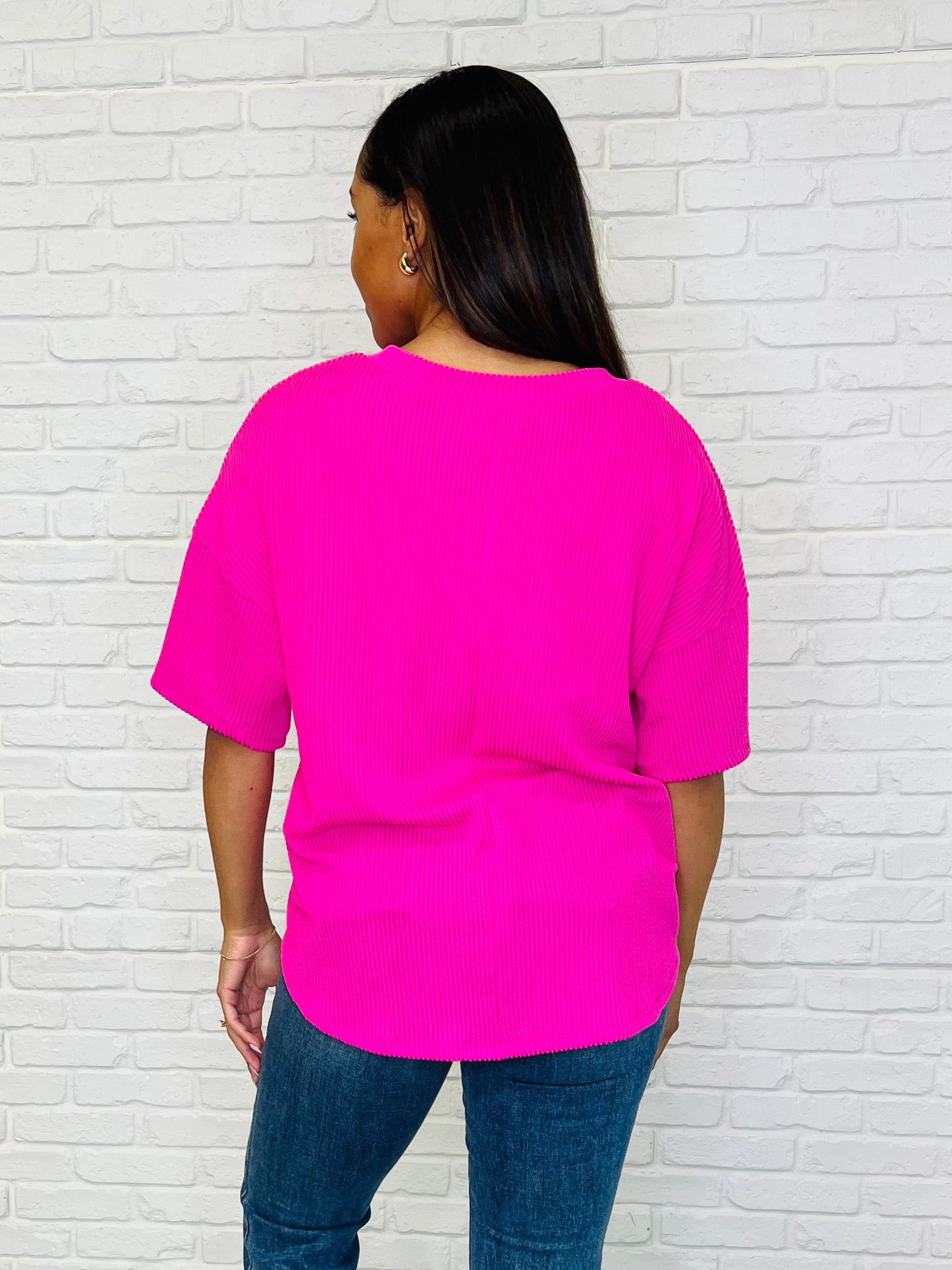 Just a Casual Girly V-Neck Basic Tee in Fuchsia (Online Exclusive)