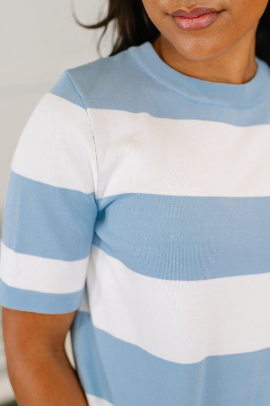 Known for a While Knit Blouse in White and Blue (Online Exclusive)