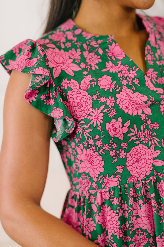 Lizzy Forever Flutter Sleeve Dress in Green and Pink Floral (Online Exclusive)