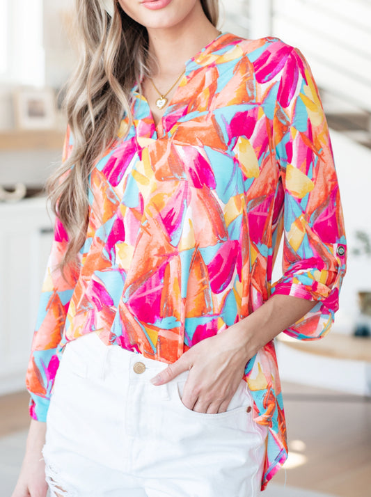Lizzy Top in Teal and Hot Pink Abstract Fans (Online Exclusive)