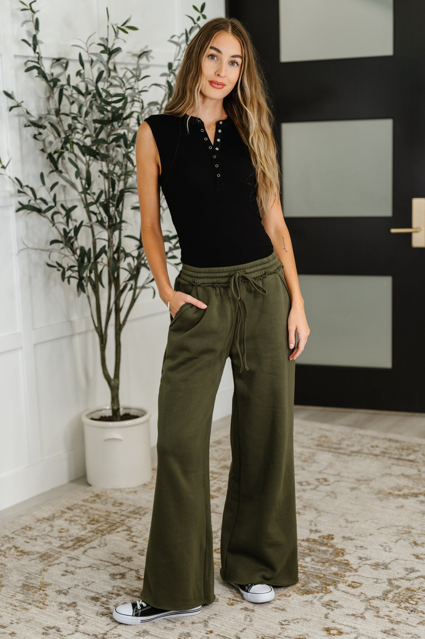 Lounge Line Wide Leg Sweats in Dark Olive (Online Exclusive)