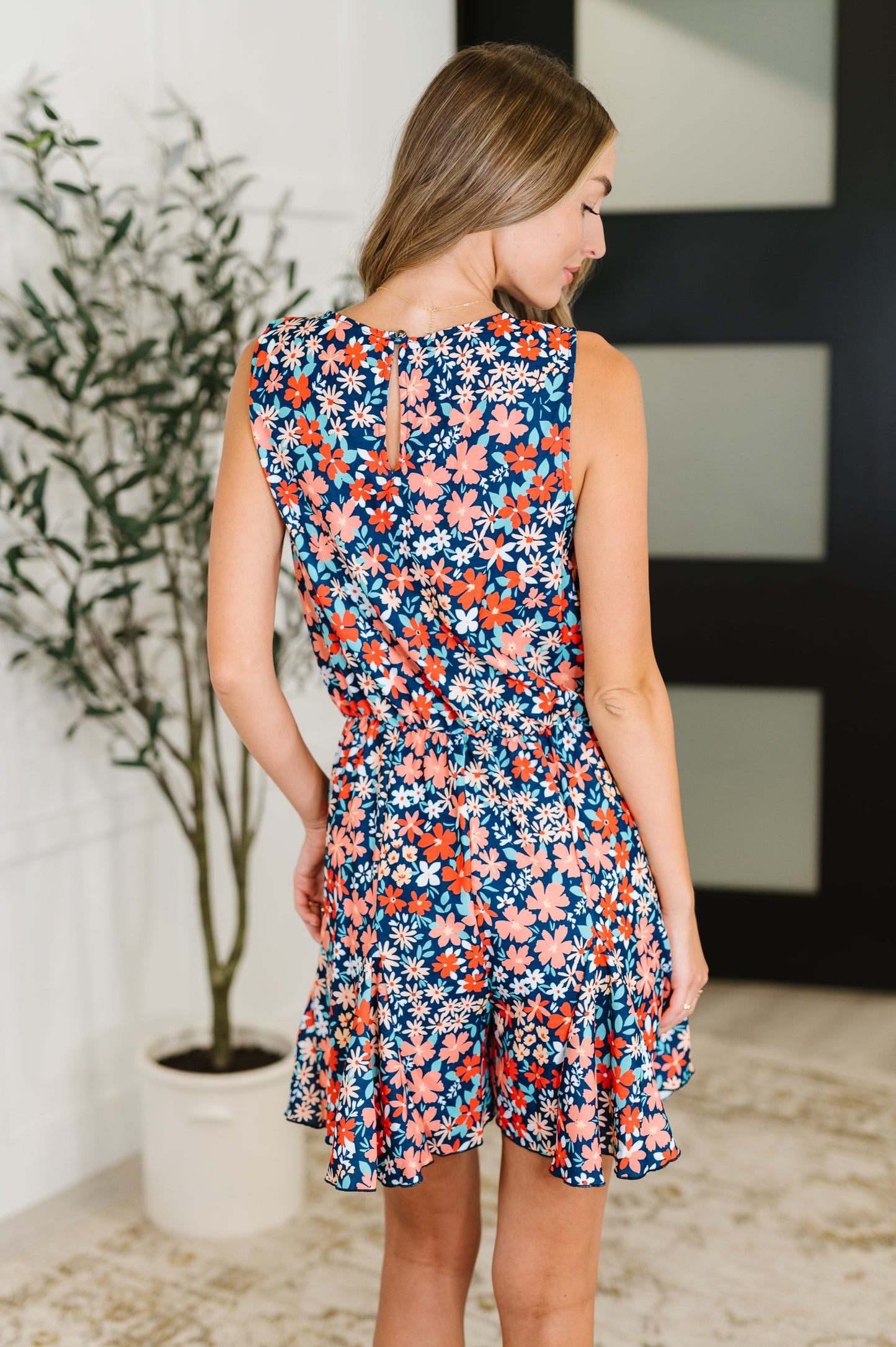Meadow Mischief Sleeveless Romper in Navy/Orange/Teal (Online Exclusive)
