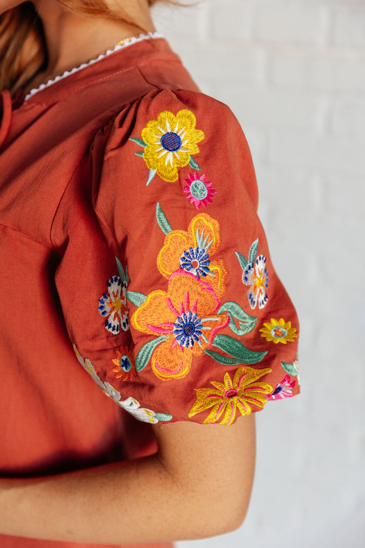 No Concerns Embroidered Sleeve Blouse (Online Exclusive)