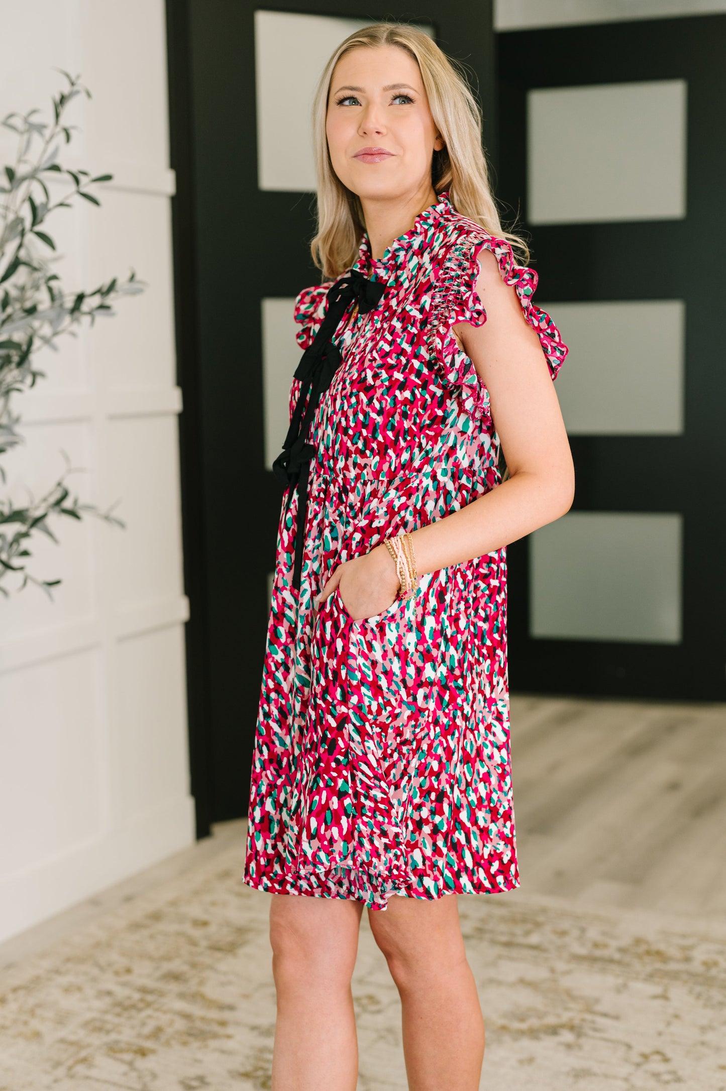 Pattern Pending Bow Detail Dress in Fuchsia and Black (Online Exclusive)