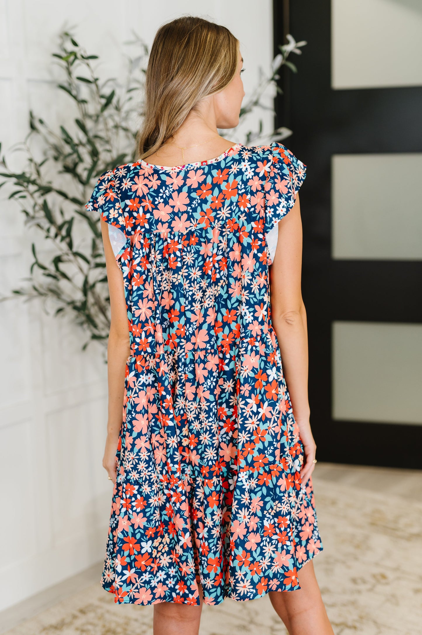 Petal to the Metal Flutter Sleeve Dress in Navy/Coral (Online Exclusive)