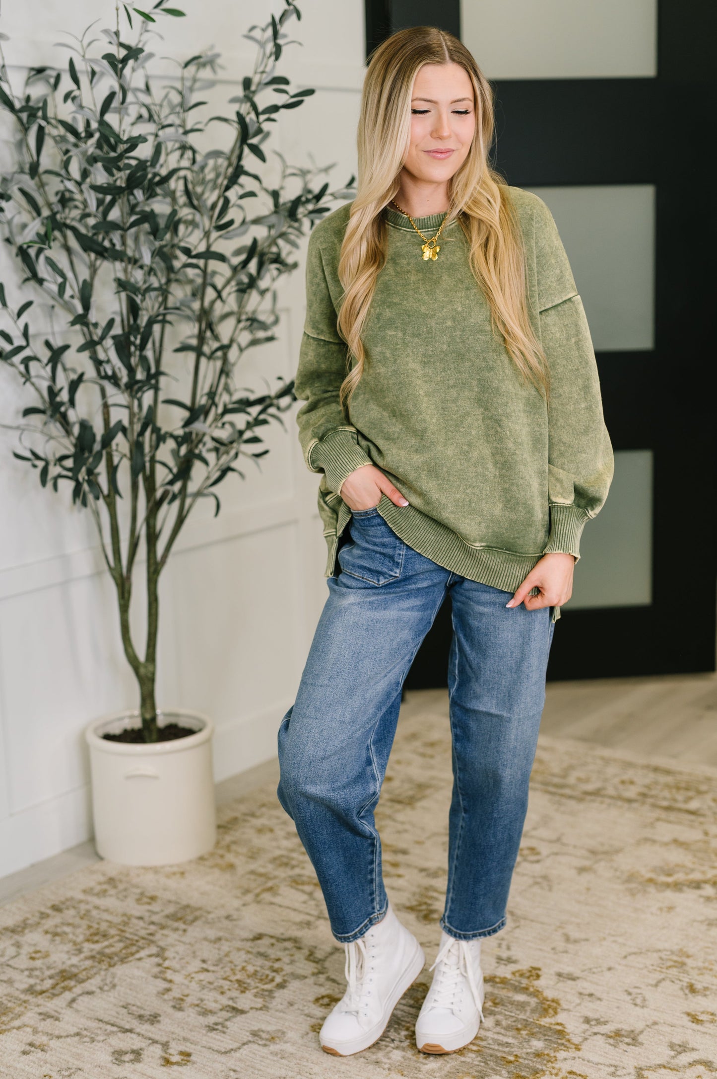 Safe and Secure Mineral Wash Pullover in Light Olive (Online Exclusive)