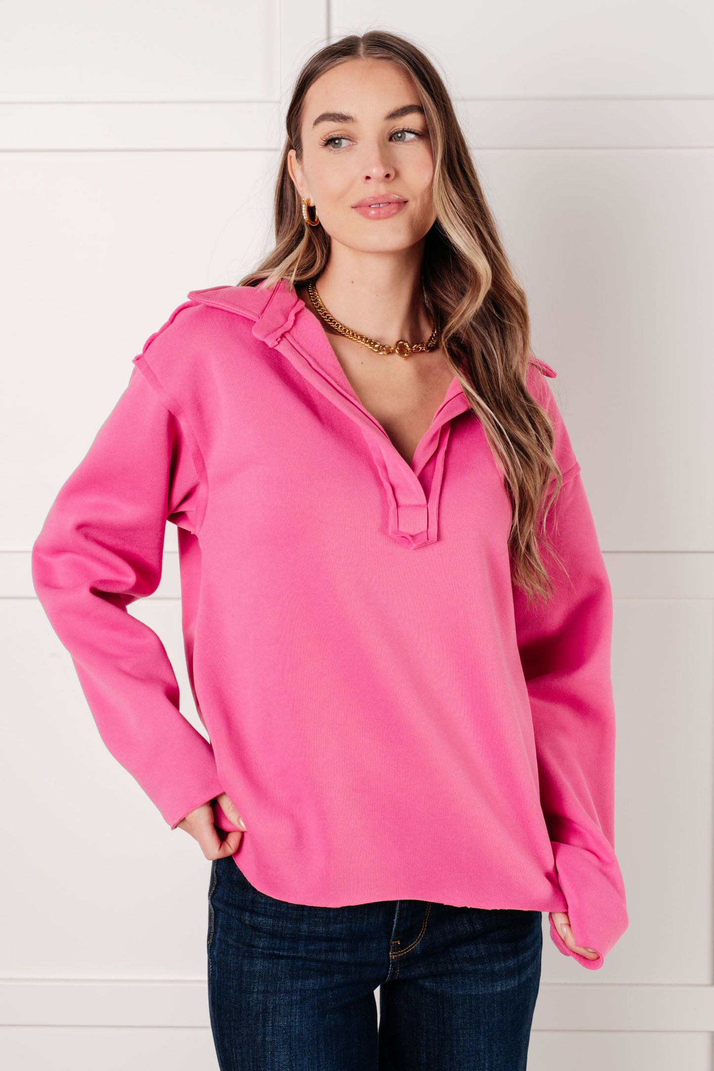 Same Ol' Situation Collared Pullover in Hot Pink (Online Exclusive)