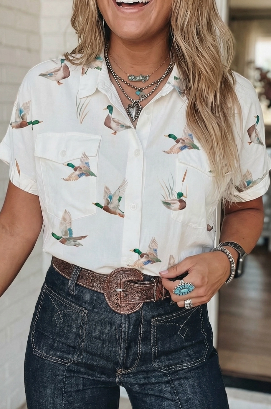 Cream Blouse Mallard Print