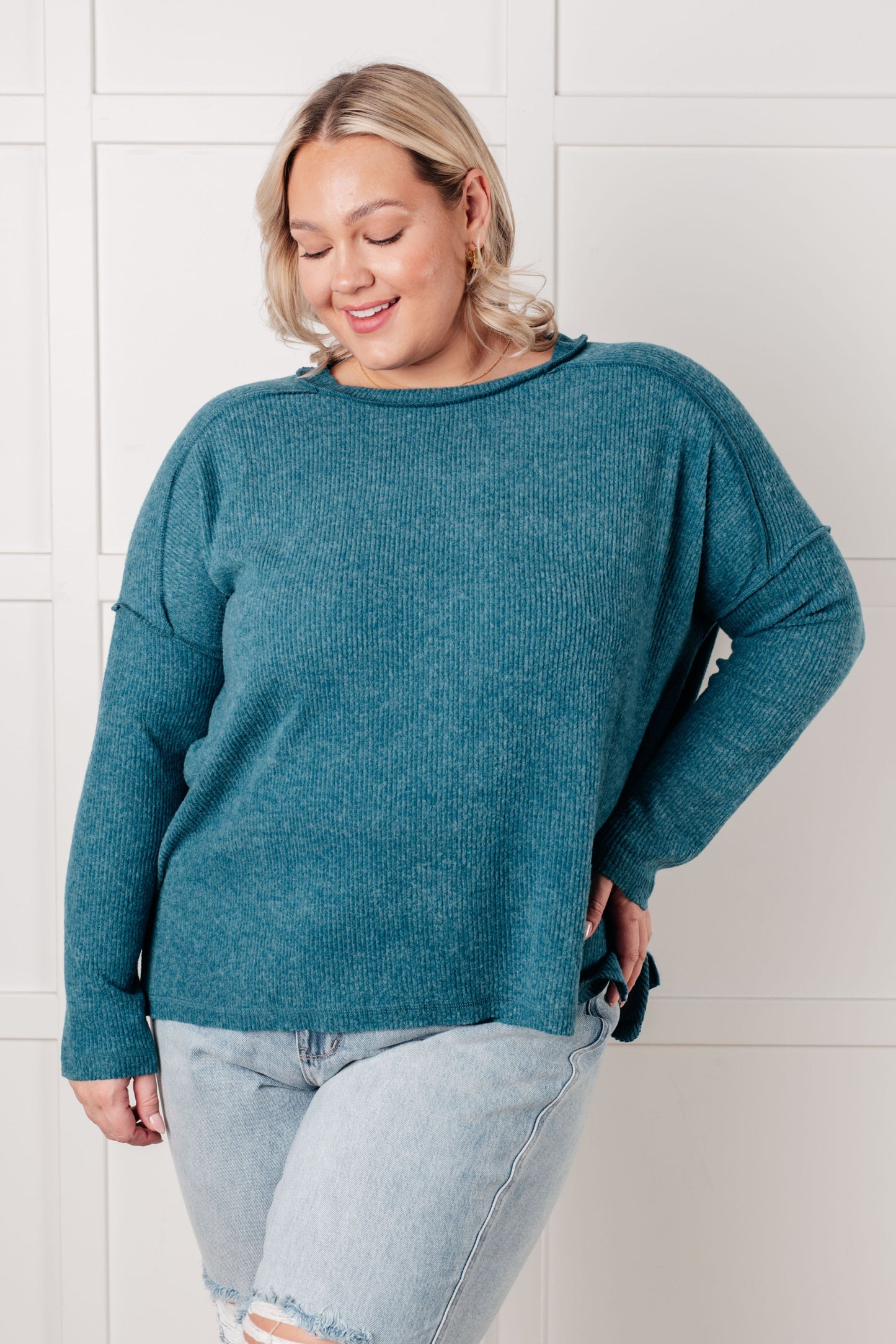 Simply Basic Ribbed Hacci Sweater in Teal (Online Exclusive)