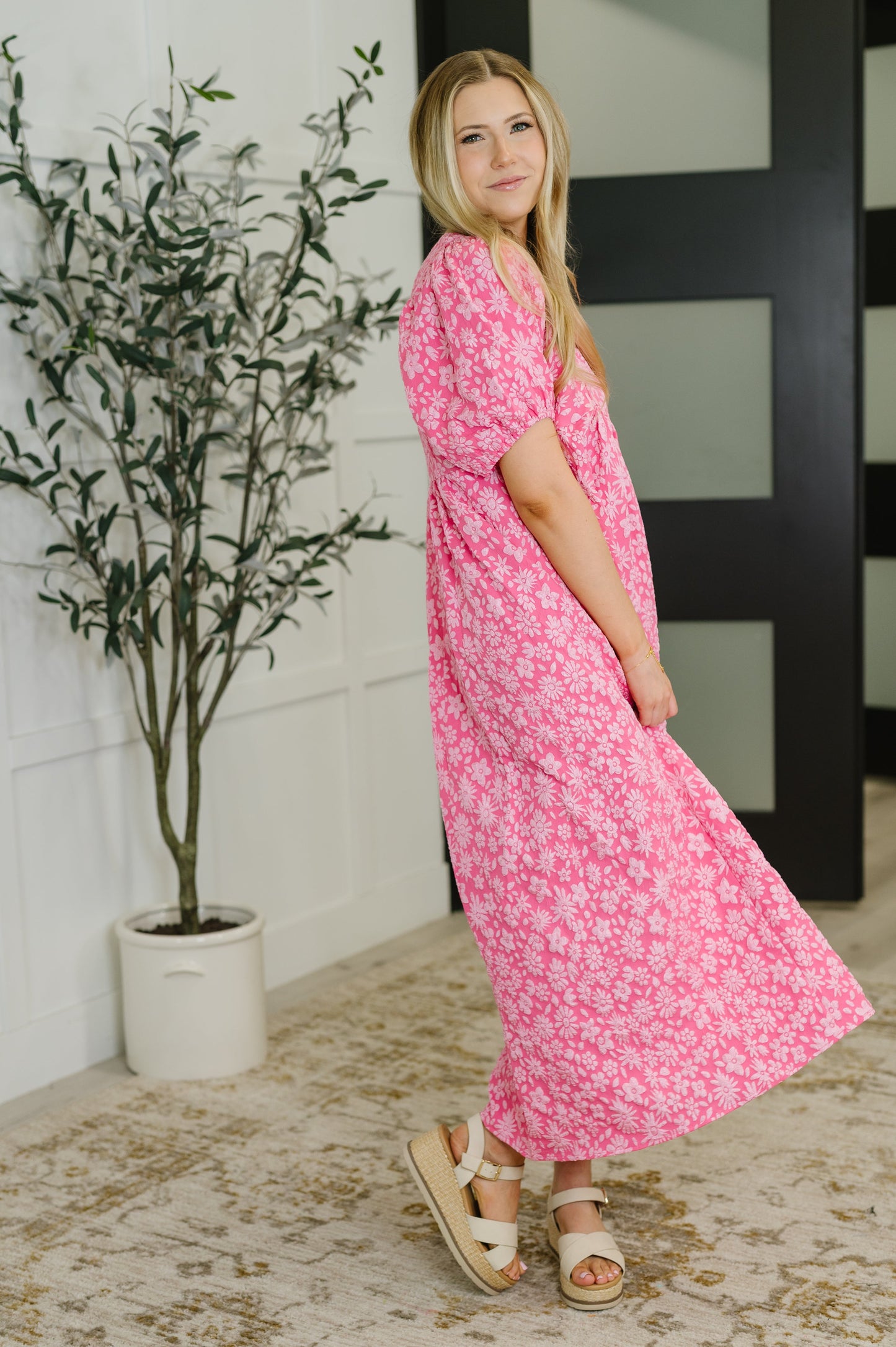 Softly Spoken Textured V-Neck Dress in Hot Pink (Online Exclusive)