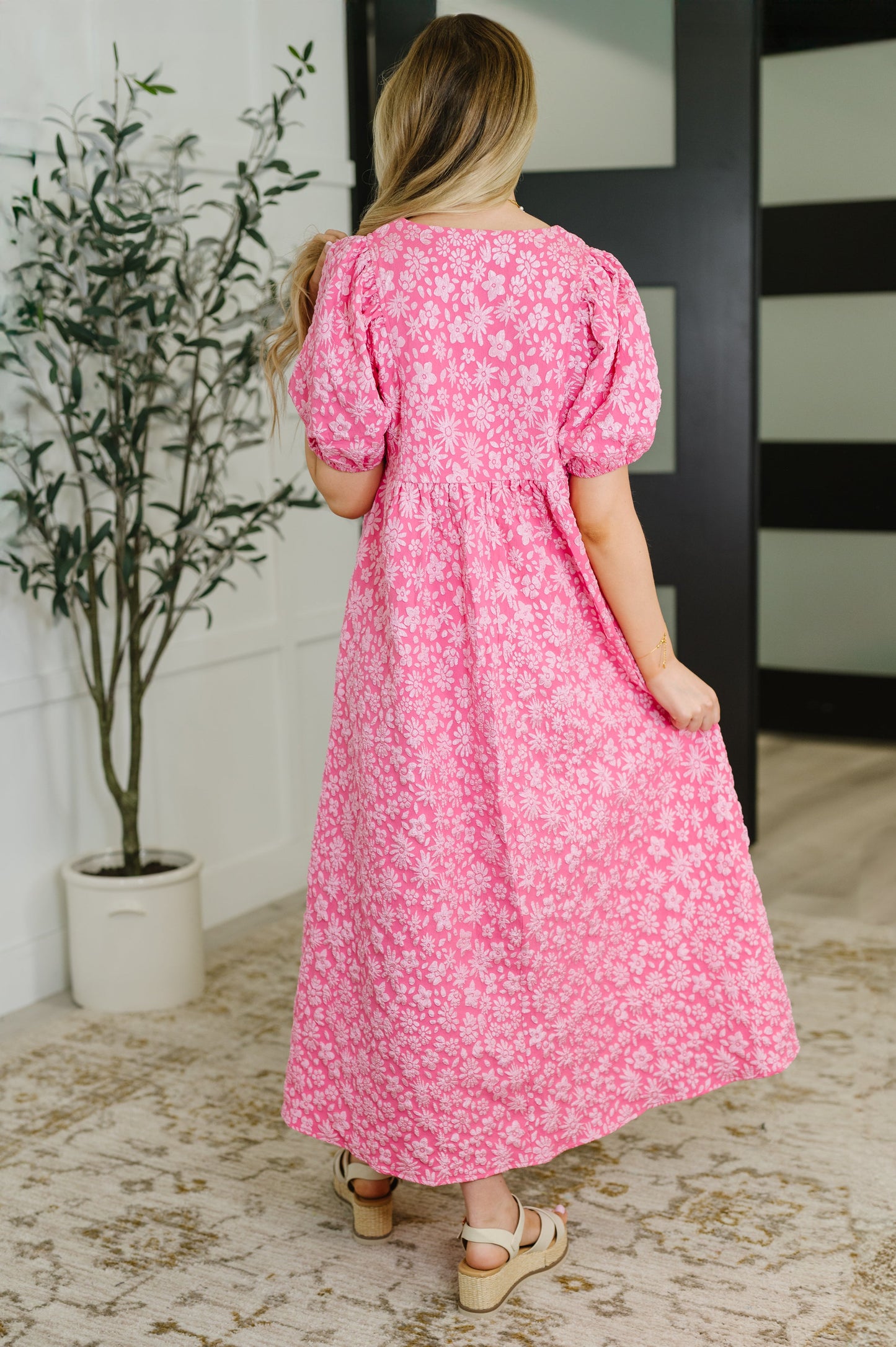 Softly Spoken Textured V-Neck Dress in Hot Pink (Online Exclusive)