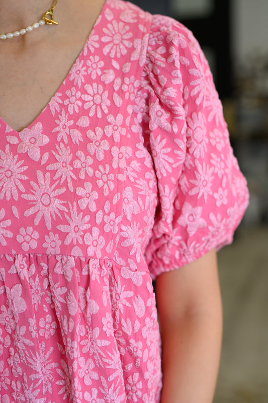 Softly Spoken Textured V-Neck Dress in Hot Pink (Online Exclusive)