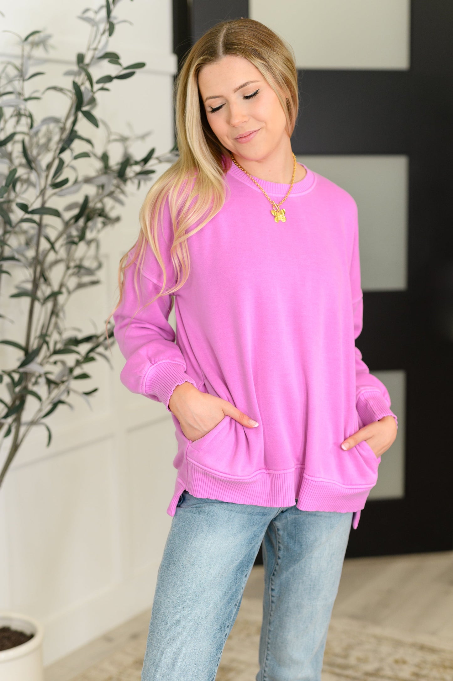 Talk Cozy to Me Stepped Hem Pullover in Bright Mauve (Online Exclusive)