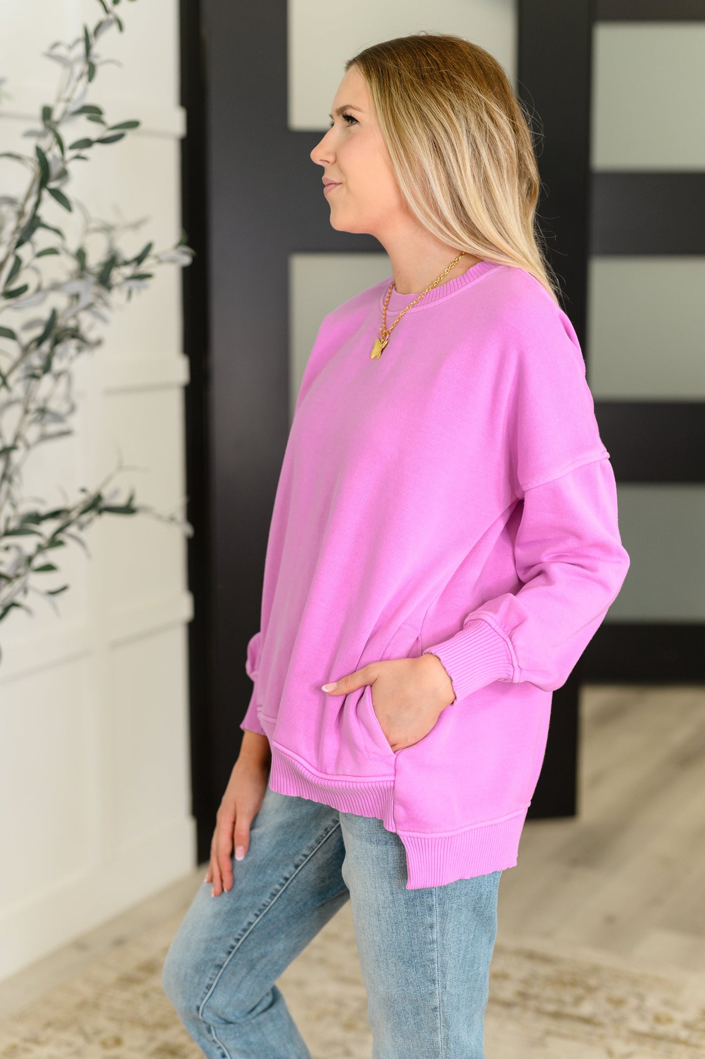 Talk Cozy to Me Stepped Hem Pullover in Bright Mauve (Online Exclusive)