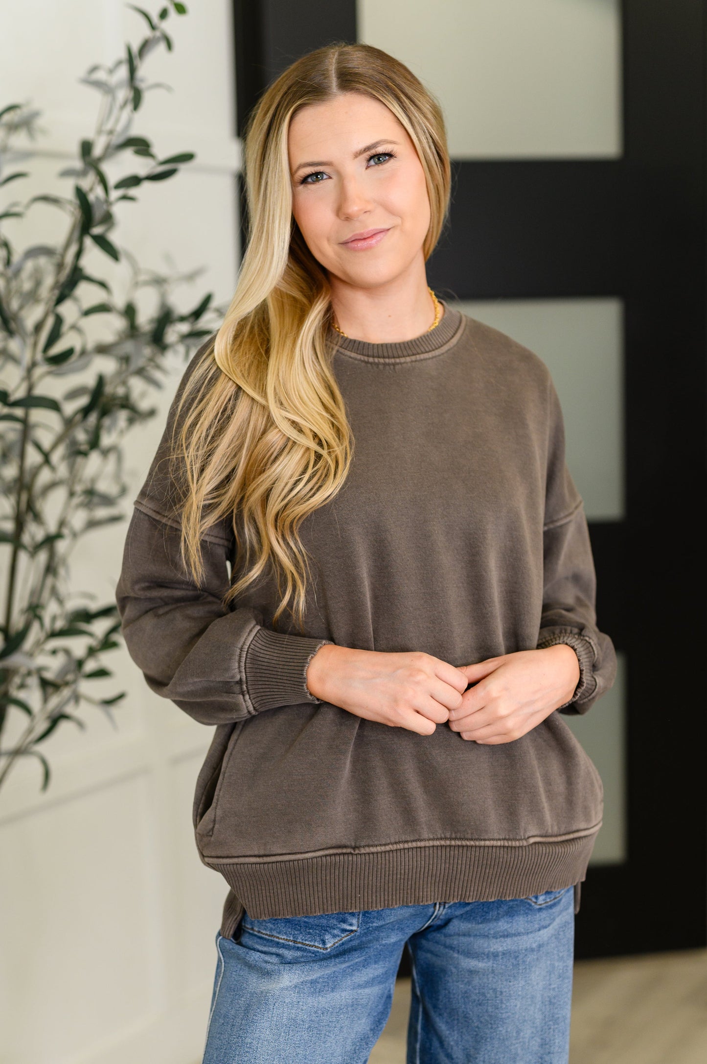 Talk Cozy to Me Stepped Hem Pullover in Brown (Online Exclusive)