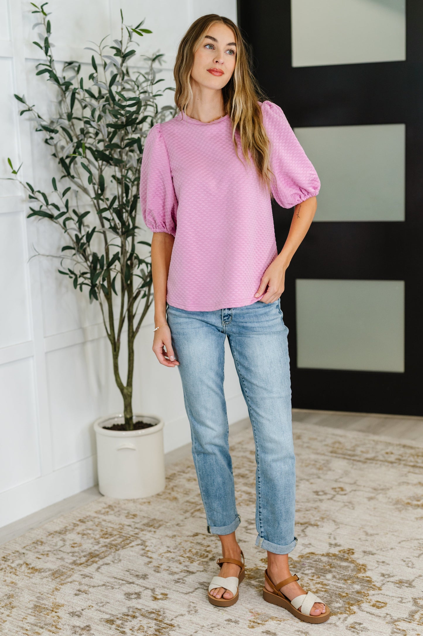 Textured Balloon Sleeve Blouse in Pink (Online Exclusive)