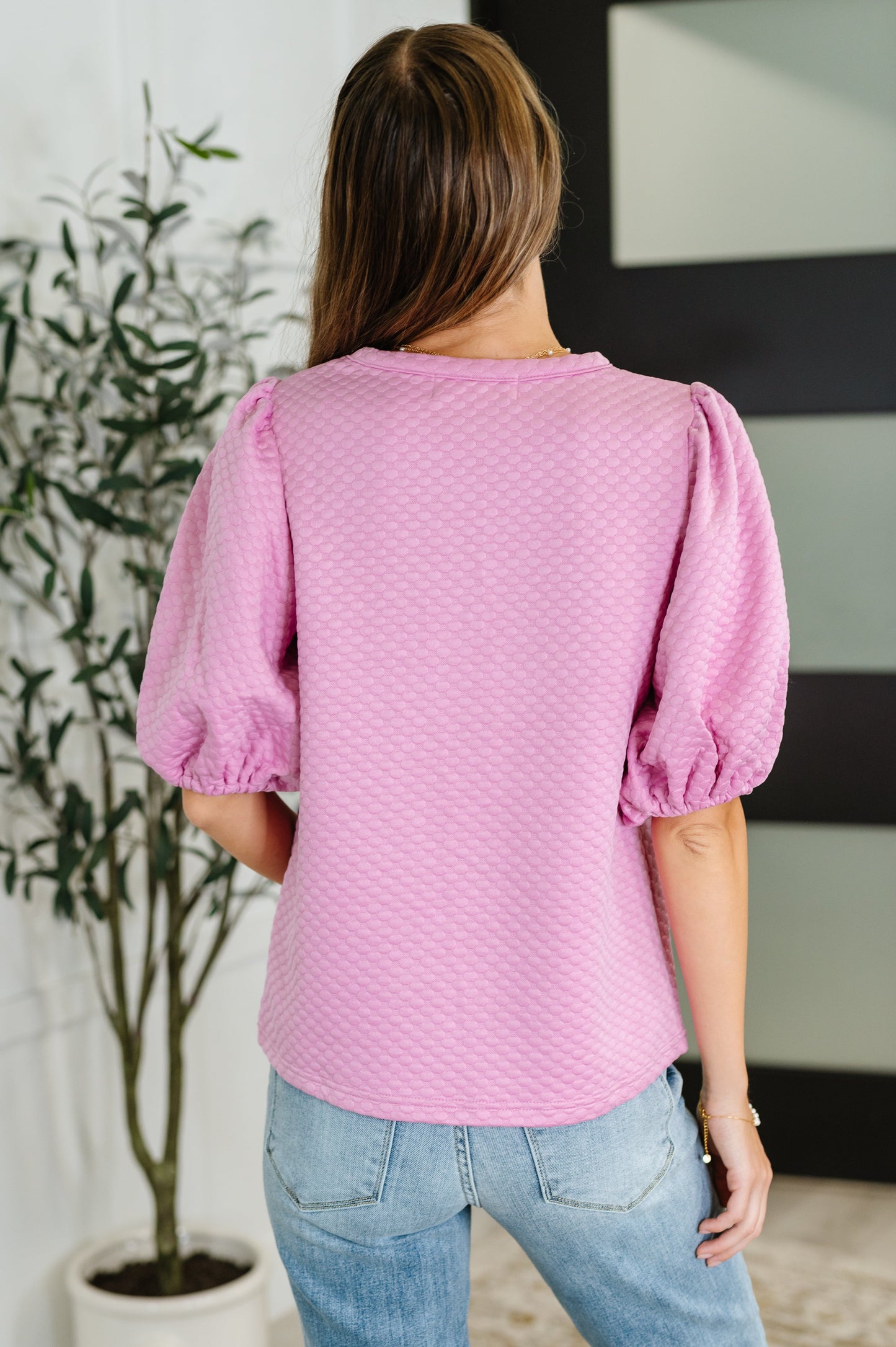 Textured Balloon Sleeve Blouse in Pink (Online Exclusive)