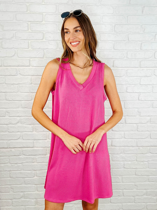 The Power I Hold V-Neck Ribbed Knit Dress in Fuchsia (Online Exclusive)